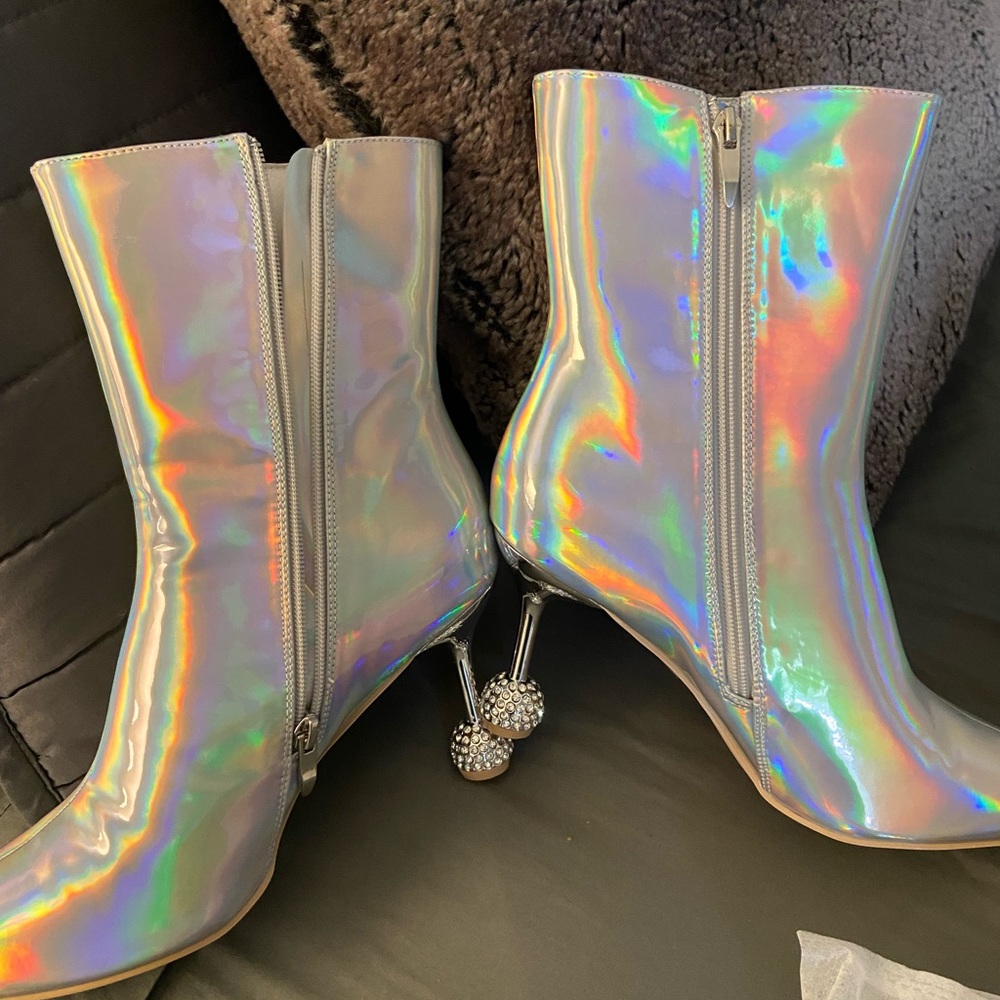 Fashion Nova Silver Heeled Boots with Pointed Toe